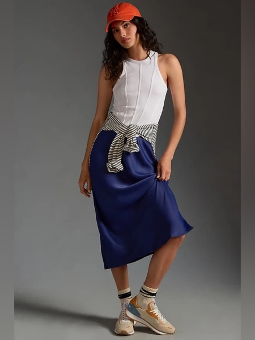 By Anthropologie Satin Midi Skirt | Navy Blue | XL | Tilda